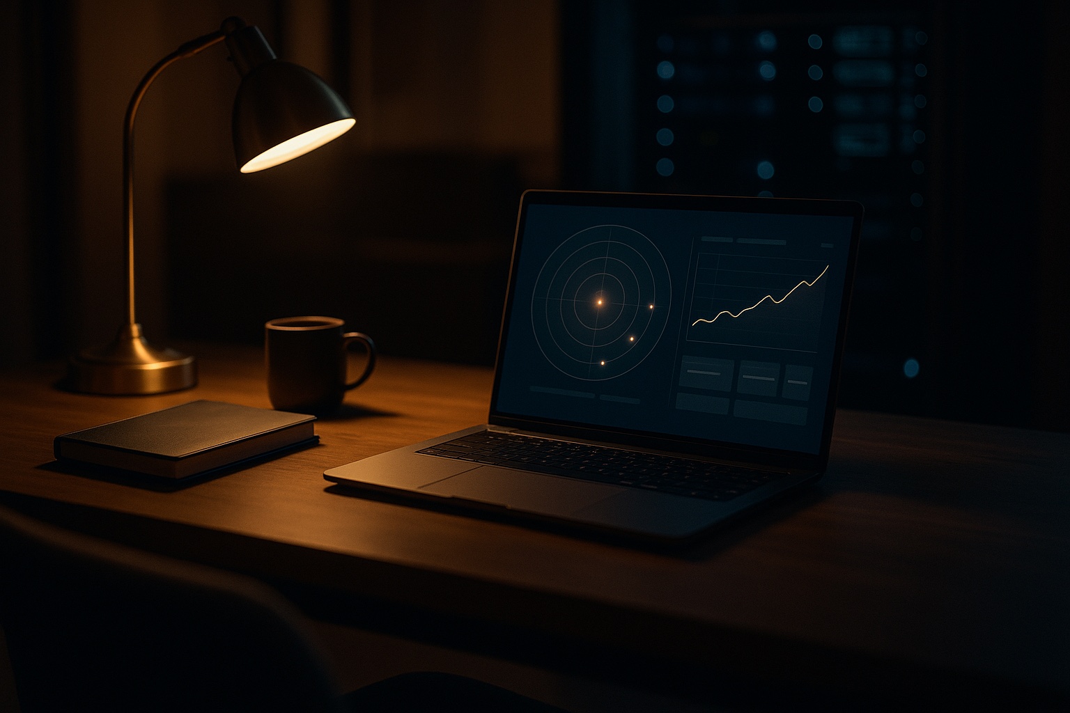Laptop s radarovým grafem a rostoucí křivkou – web řídí AI agent