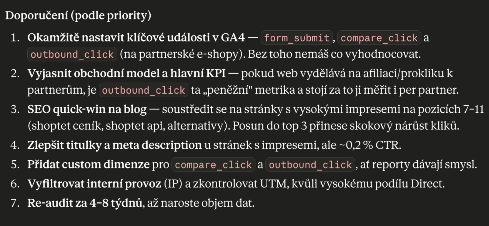 Výstup auditu v Claude – prioritizovaný seznam doporučení pro GA4 a Search Console