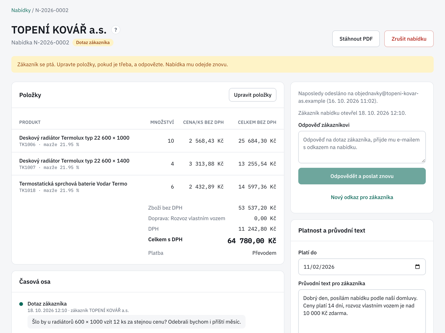Detail nabídky s dotazem zákazníka: položky, informace o otevření nabídky, pole pro odpověď a časová osa