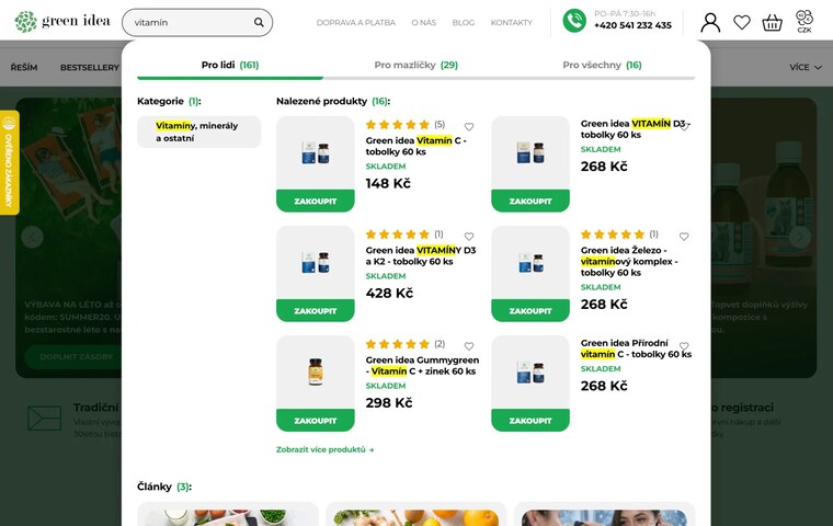 Našeptávač Revelor s produkty a kategoriemi na e-shopu Green Idea