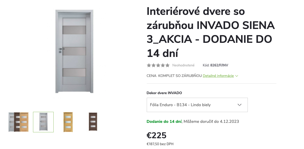Detail interiérových dveří na Shoptetu s výběrem dekoru z rozbalovacího seznamu a cenou kompletu se zárubní