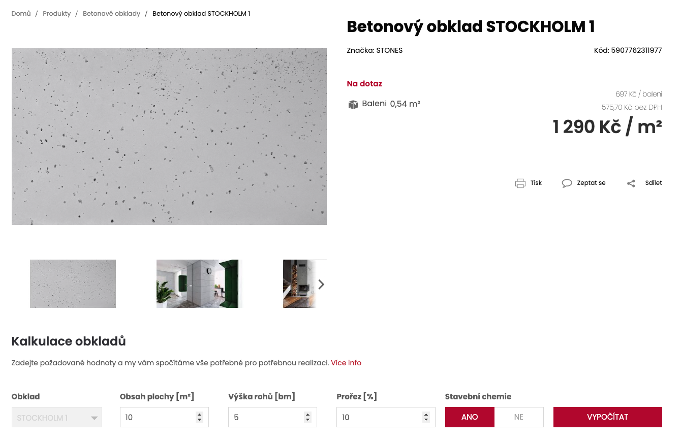 Detail betonového obkladu na Shoptetu s kalkulací plochy přímo pod produktem