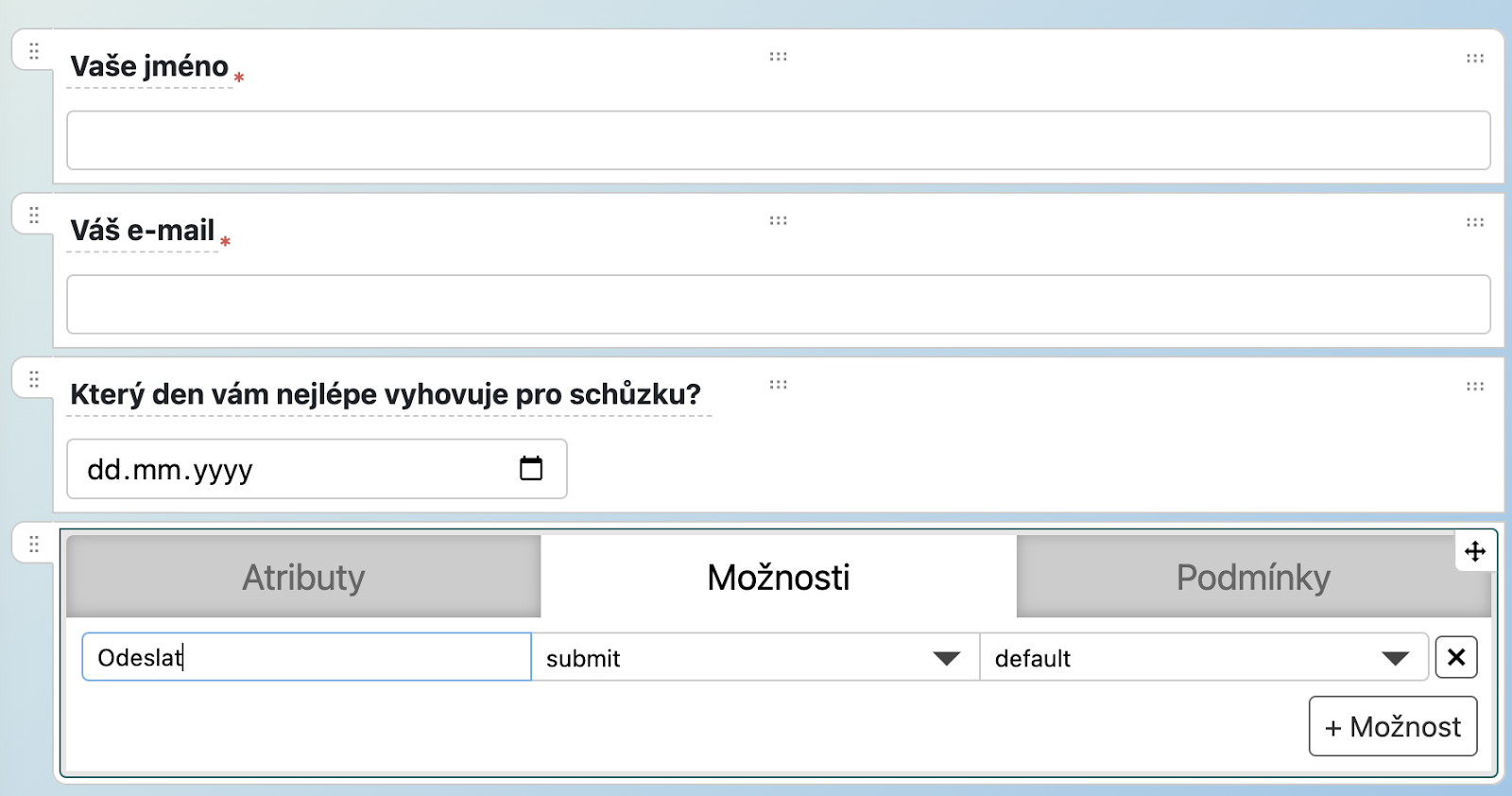 Formulář se jménem, e-mailem a datem schůzky a nastavení tlačítka Odeslat