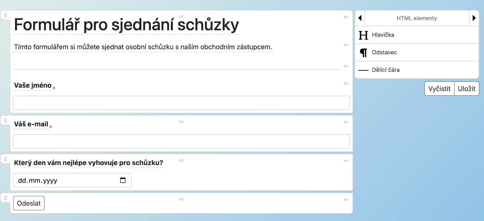 Doplnění nadpisu a odstavce do formuláře pomocí panelu HTML elementů