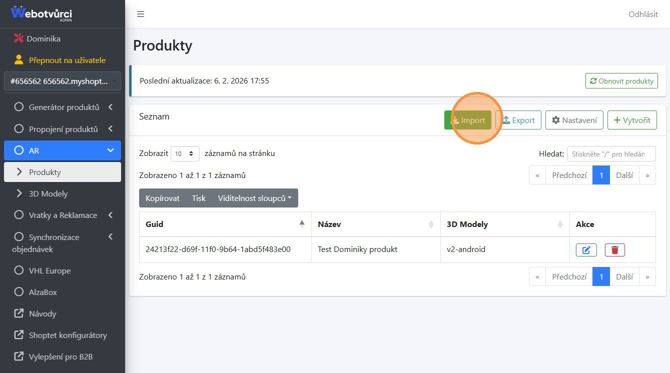 Sekce Produkty s vyznačeným tlačítkem Import po dokončení synchronizace databáze