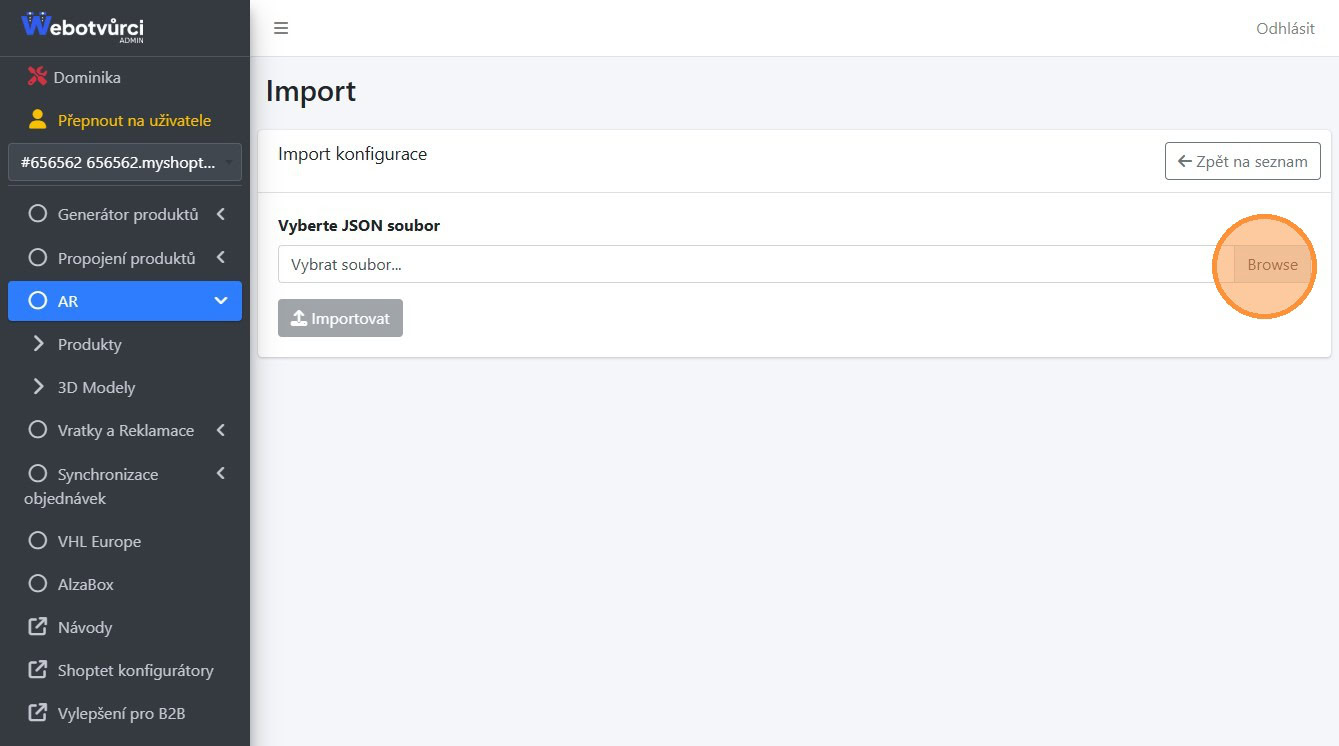 Obrazovka Import konfigurace s polem Vyberte JSON soubor a vyznačeným tlačítkem Browse