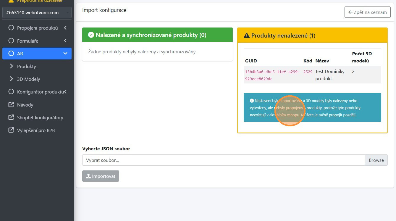 Neúspěšné propojení: Nalezené a synchronizované produkty (0) a Produkty nenalezené (1) s hláškou, že 3D modely nebyly propojeny, protože produkty v aktuálním e-shopu neexistují