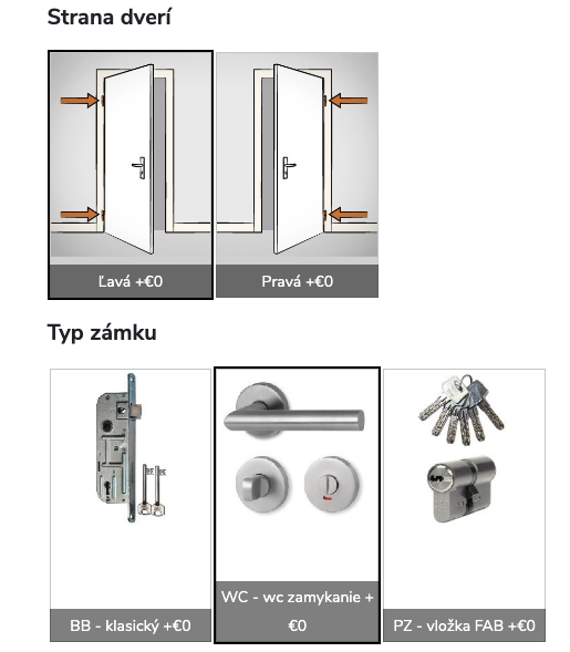 Volba strany otevírání a typu zámku — levá či pravá, klasický zámek BB, WC zamykání nebo vložka FAB