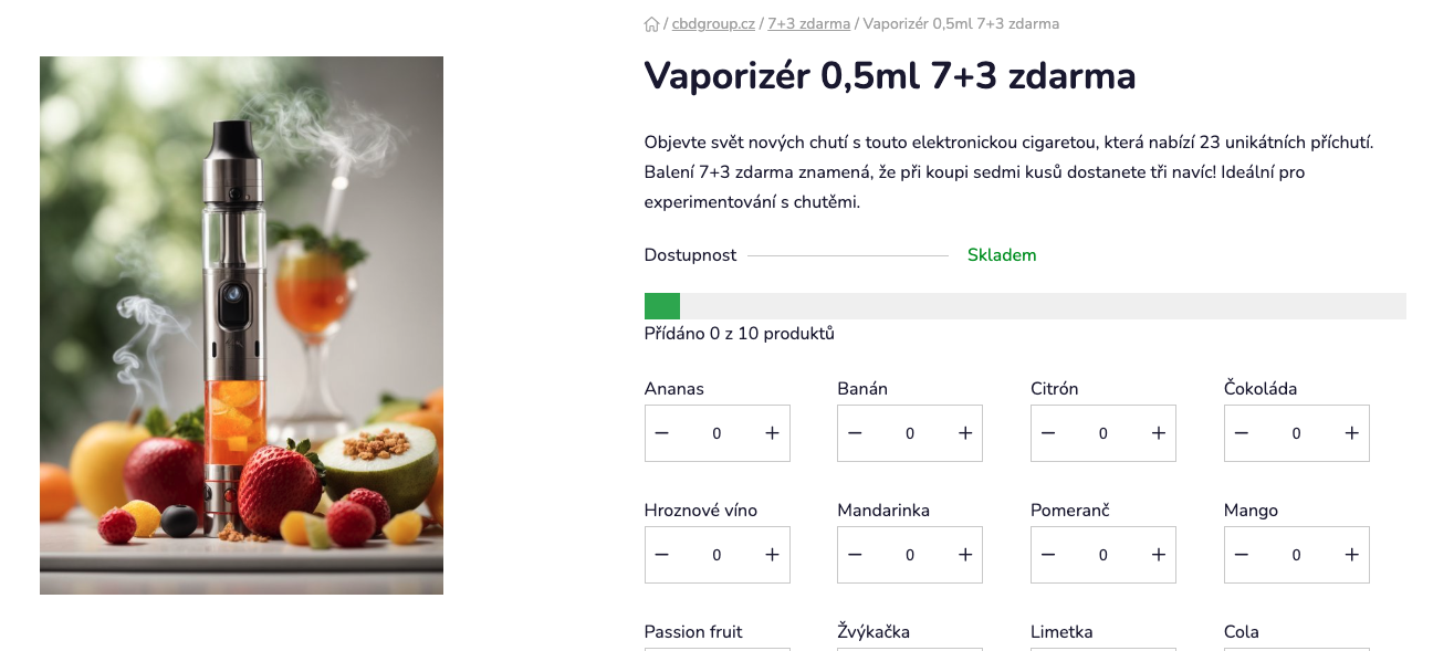 Konfigurátor balíčku náplní — zákazník vybírá příchutě a počítadlo hlídá, kolik z deseti kusů už přidal