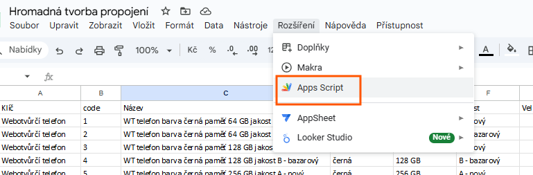 Spuštění Apps Scriptu z nabídky Rozšíření v Google tabulce