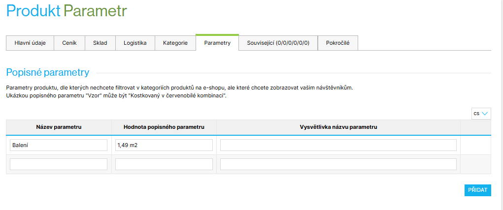 Popisný parametr Balení s hodnotou 1,49 m² na kartě produktu v administraci