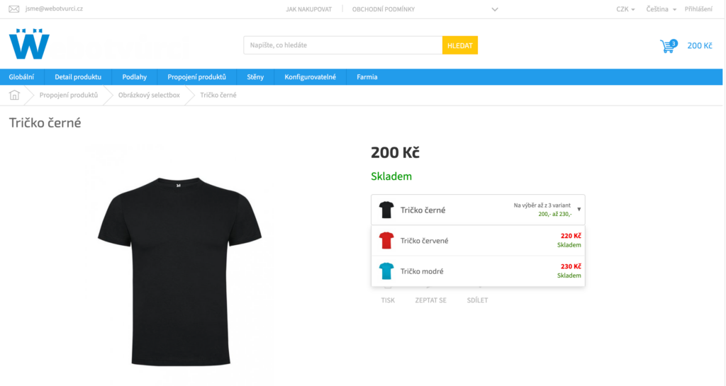 Výběr varianty trička pomocí select boxu s obrázky, cenami a dostupností