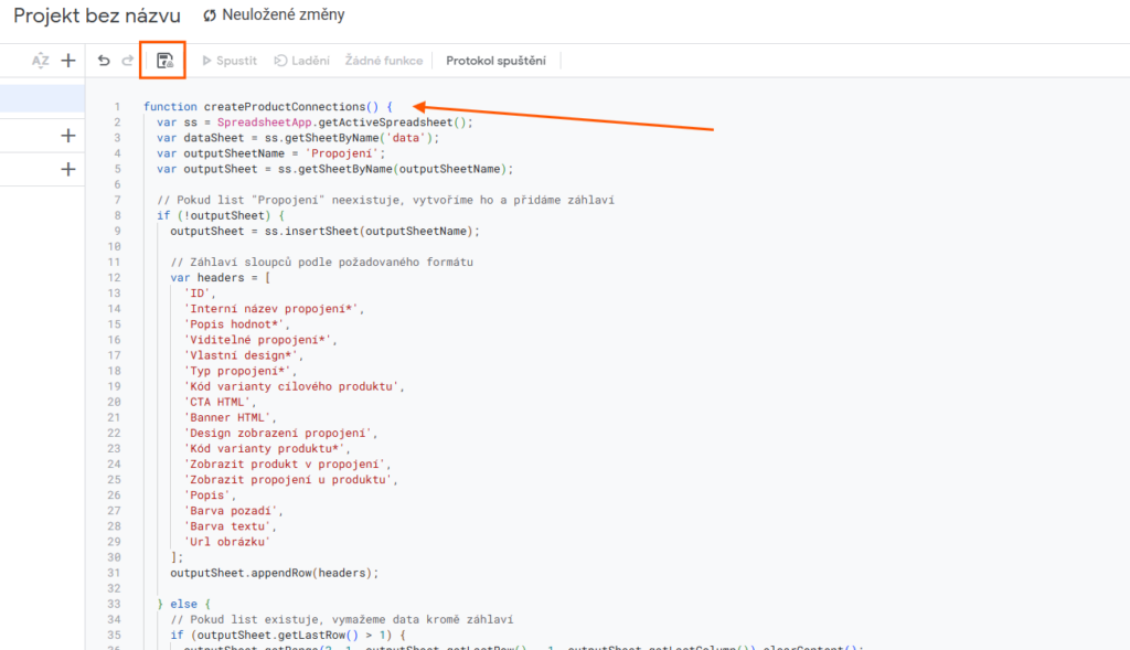 Kód skriptu createProductConnections pro hromadné vytvoření propojení