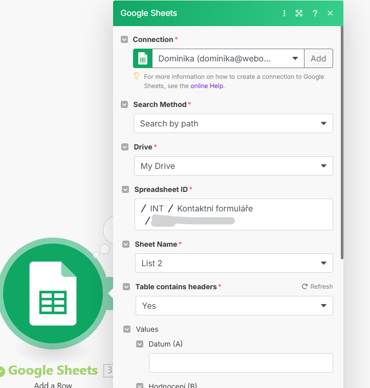 Nastavení modulu Google Sheets — připojení účtu, výběr tabulky, listu a sloupců