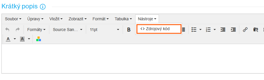 Vložení skriptu do krátkého popisu produktu přes nabídku Nástroje a Zdrojový kód