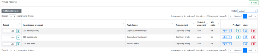 Přehled pravidel doplňkového prodeje vyfiltrovaný podle názvu propojení
