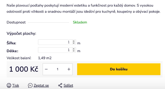 Produkt s kalkulací plochy na e-shopu — zadání šířky a délky a tlačítko Do košíku