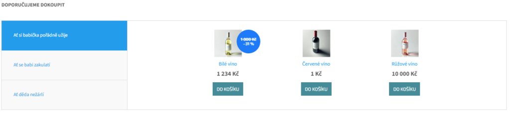 Doplňkový prodej rozdělený do tří skupin, mezi kterými zákazník přepíná