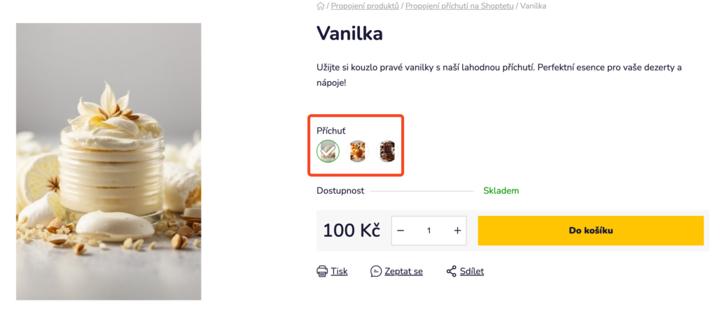 Karta produktu Vanilka s výběrem příchutě pomocí obrázkových miniatur