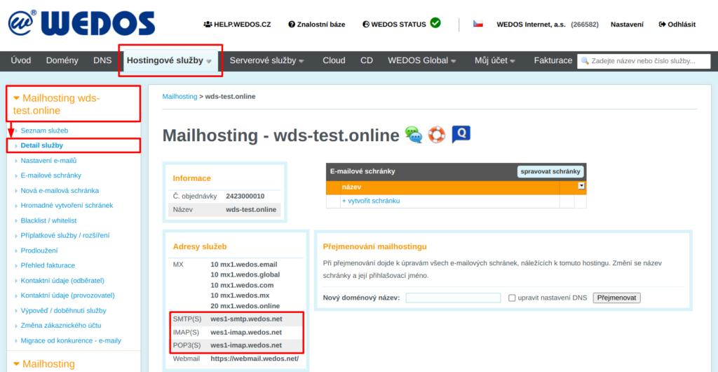 Administrace mailhostingu WEDOS s vyznačenými adresami serverů SMTP, IMAP a POP3