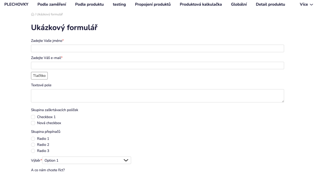 Vykreslený ukázkový formulář na e-shopu se všemi typy polí