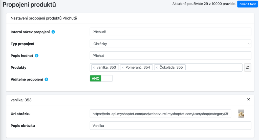 Nastavení propojení příchutí v administraci — typ Obrázky a URL náhledů jednotlivých variant