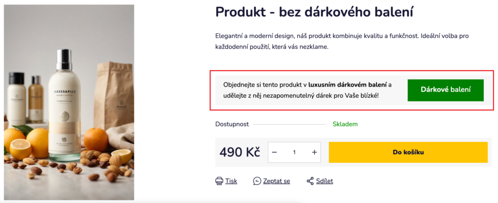 Karta produktu bez dárkového balení s bannerem, který nabízí variantu v dárkovém balení