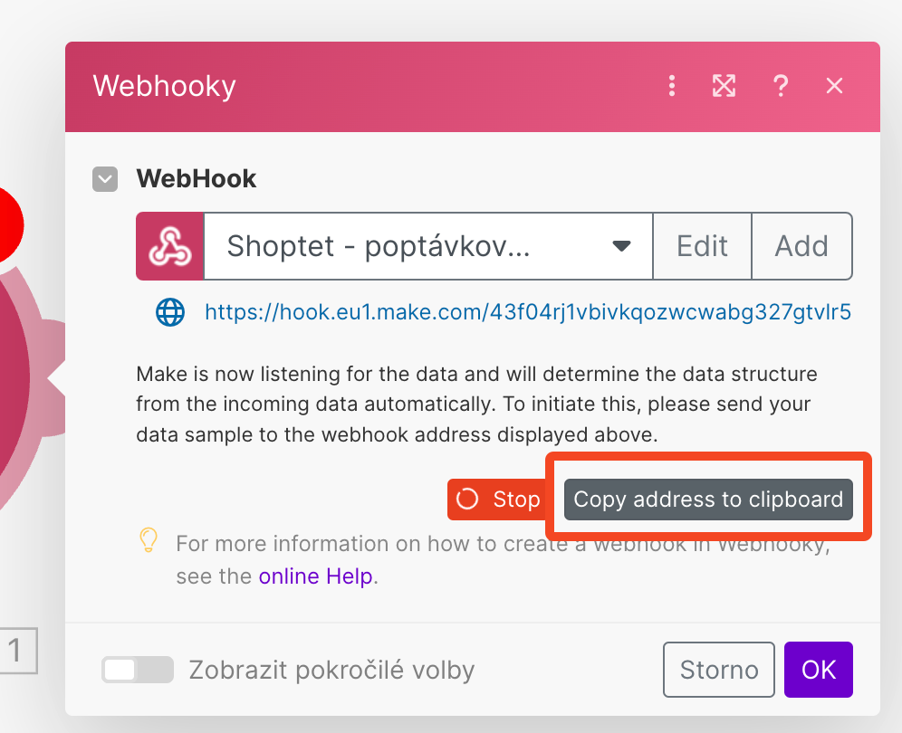 Vygenerovaná adresa webhooku v MAKE s vyznačeným tlačítkem pro zkopírování