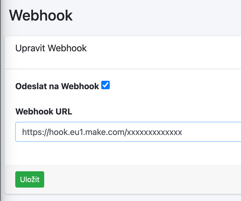 Nastavení webhooku v administraci doplňku — zapnuté odesílání a vložená adresa