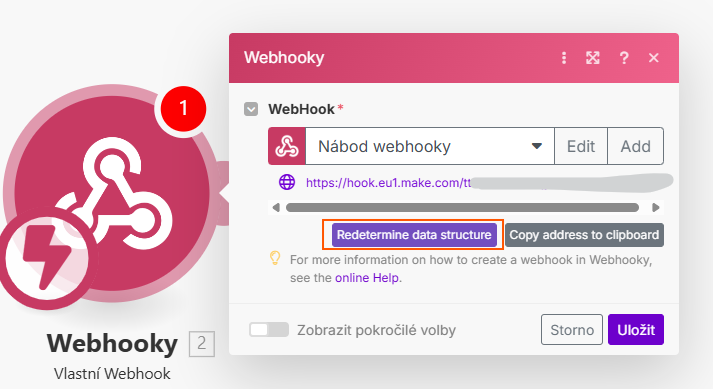 Dialog webhooku v MAKE s vyznačeným tlačítkem Redetermine data structure
