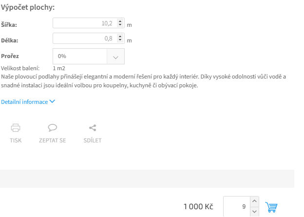 Výpočet plochy na produktové kartě, kde zákazník zadá šířku, délku a prořez