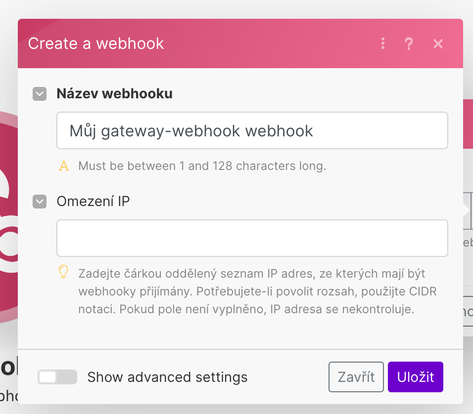 Vytvoření webhooku v MAKE — pole pro název a nepovinné omezení IP adres