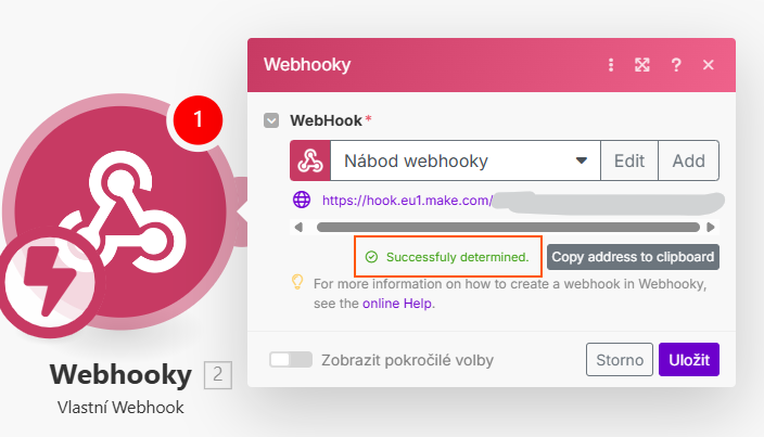 Potvrzení v MAKE, že se struktura dat z webhooku úspěšně načetla