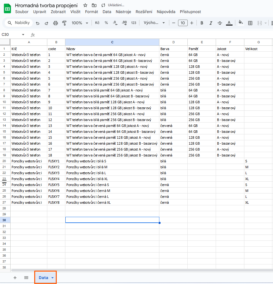 Google tabulka Hromadná tvorba propojení s daty produktů — barva, paměť, jakost a velikost
