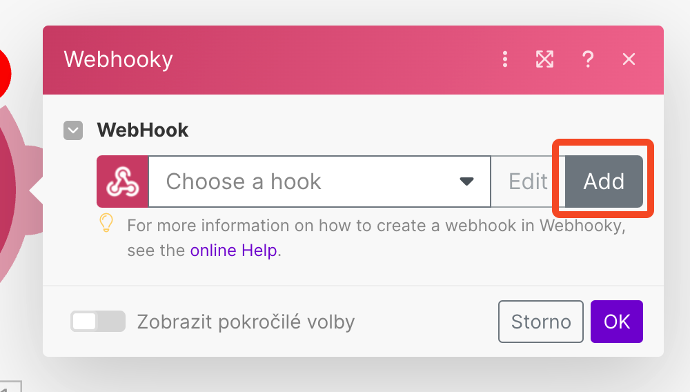 Dialog Webhooky v MAKE s vyznačeným tlačítkem Add pro vytvoření nového webhooku