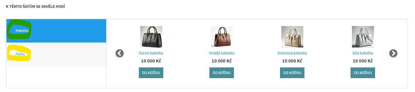 Doplňkový prodej na kartě produktu — v levém sloupci zvýrazněné skupiny Kabelky a Pásky, vpravo karusel kabelek s cenami a tlačítky Do košíku pod nadpisem „K těmto šatům se skvěle hodí“