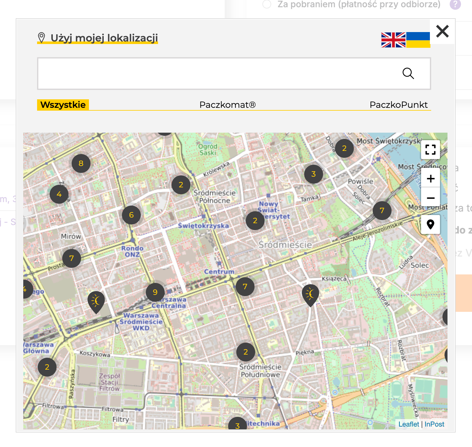 Mapa InPost v objednávce s přepínačem Wszystkie / Paczkomat / PaczkoPunkt a body výdejních míst nad mapou Varšavy
