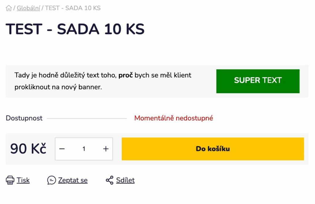 Karta produktu s propojením ve formě banneru — vlastní text a zelené tlačítko vedoucí na jiný produkt