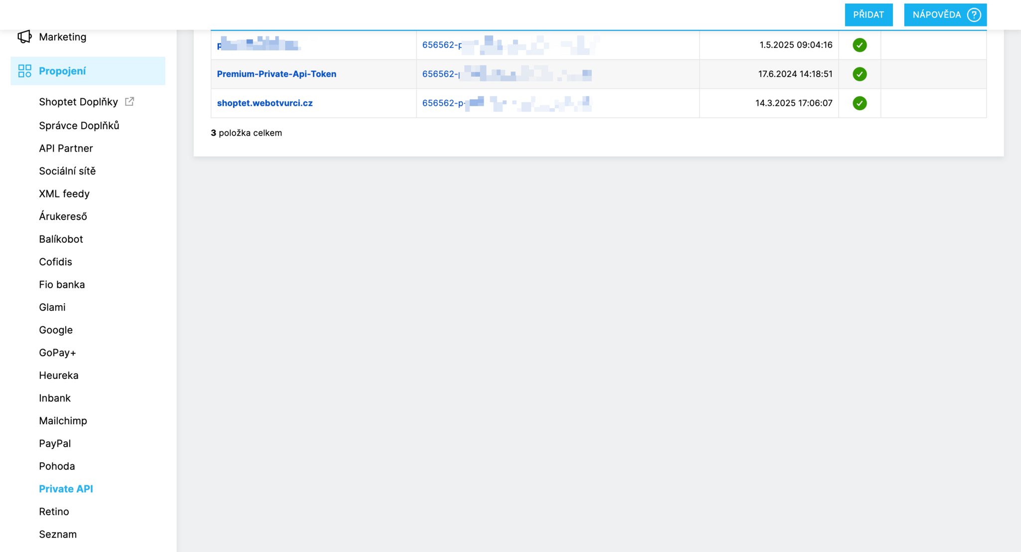 Administrace Shoptetu – sekce Propojení → Private API se seznamem API tokenů