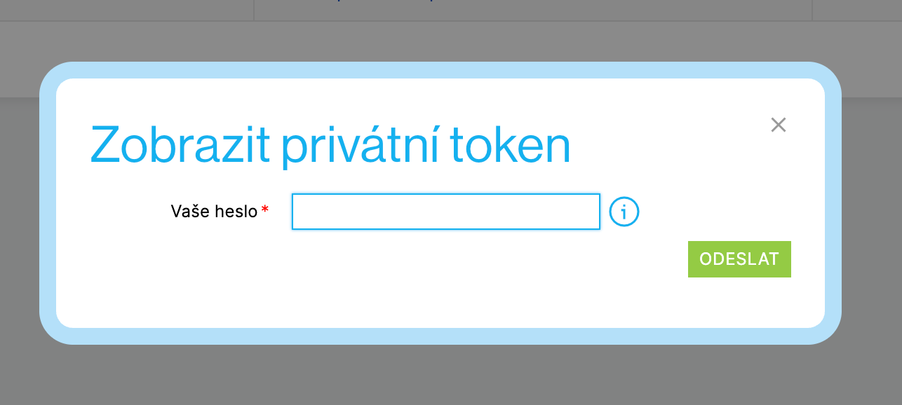 Dialog Zobrazit privátní token – zadání hesla k účtu pro zobrazení klíče