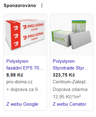 Výsledek v Google Shopping – produkty s cenou za balení a jednotkovou cenou