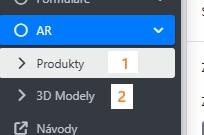 Boční navigace administrace doplňku se sekcemi Produkty a 3D modely