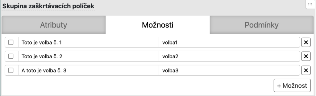 Nastavení možností u skupiny zaškrtávacích políček — popisky a hodnoty jednotlivých voleb