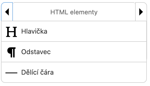 Panel HTML elementů v editoru — hlavička, odstavec a dělící čára