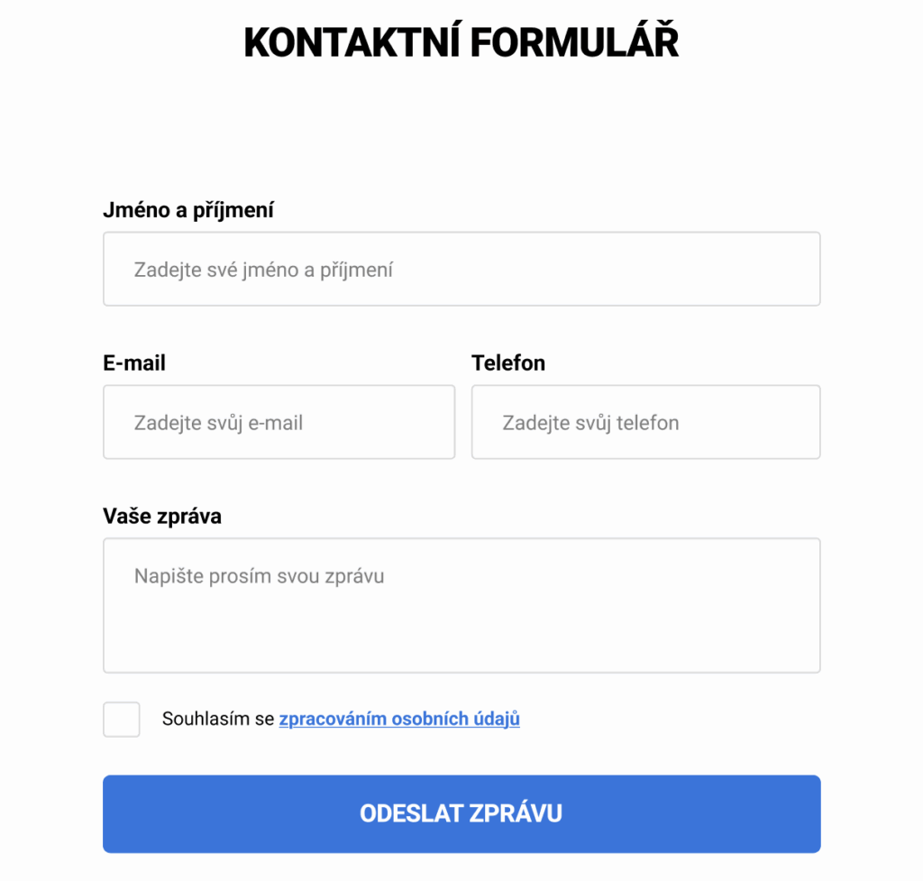 Hotový kontaktní formulář na e-shopu — jméno, e-mail, telefon, zpráva a souhlas se zpracováním údajů