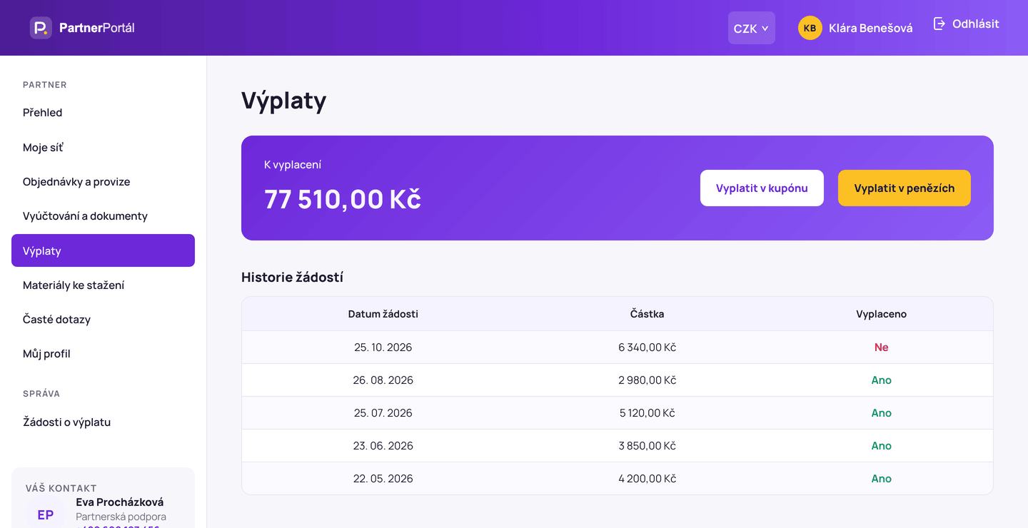 Žádost o výplatu provize v penězích nebo kupónem