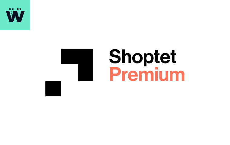 Grafika Shoptet Premium, moderní logo s černým a červeným textem, vhodné pro e-commerce řešení a online obchody, symbolizující profesionální a prémiové služby.