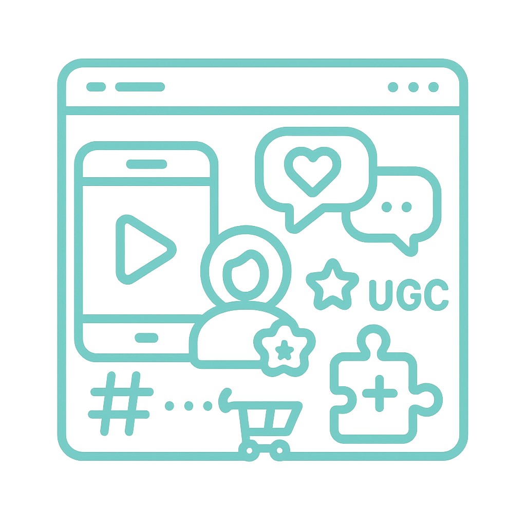 Svetelná ikona sociálních médií s mobilním telefonem, srdíčkem, komentáři a ikonou nákupního košíku.