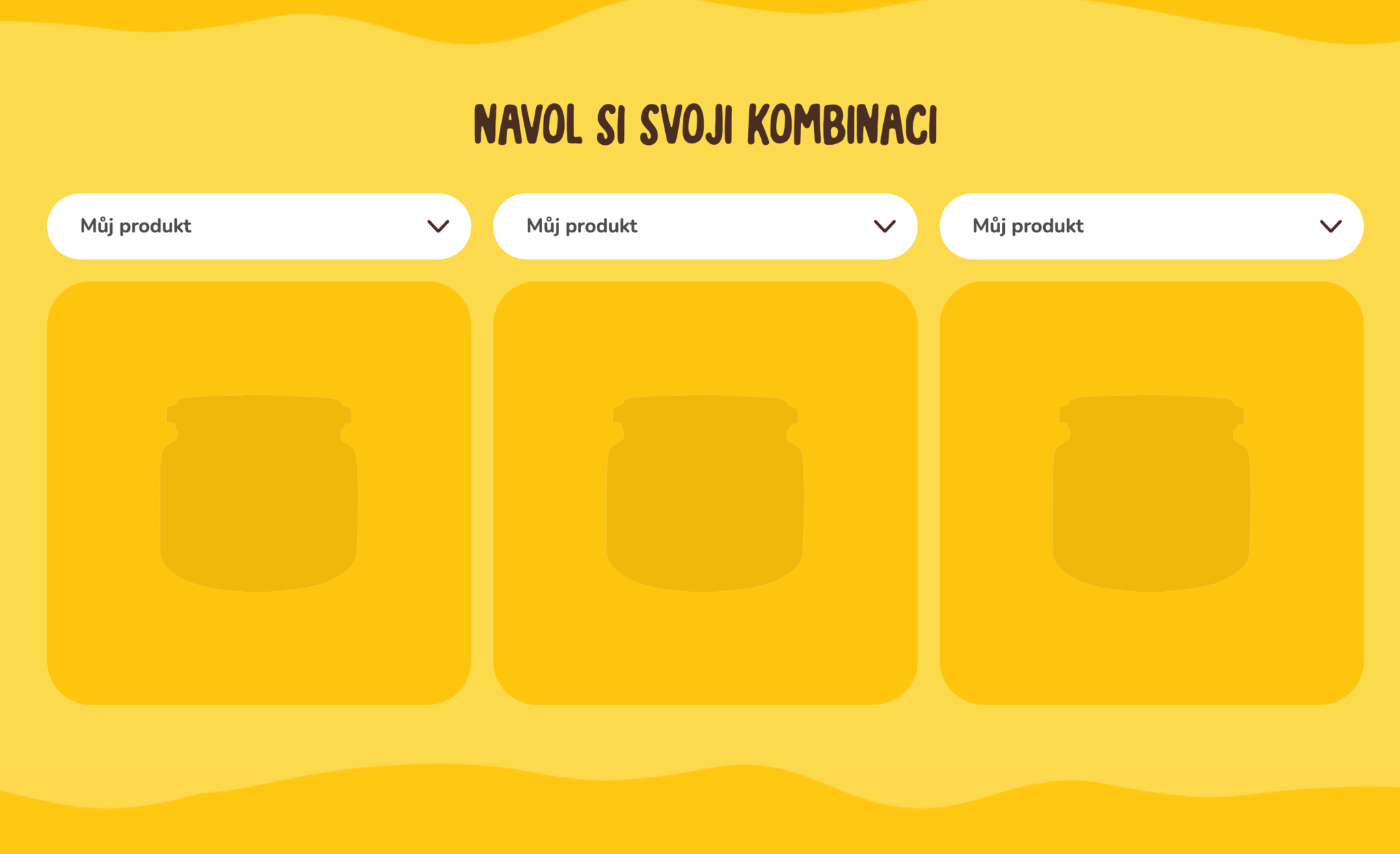 Prázdná ilustrace tří komunikačních sekcí s žlutým pozadím pro výběr produktů.