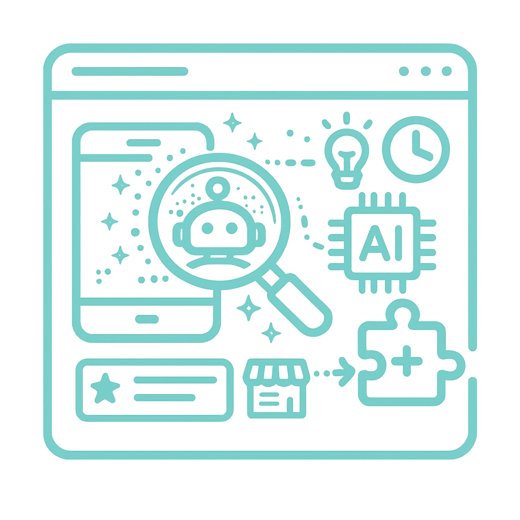 Digitální AI a chatbot na obrazovce, moderní technologie a umělá inteligence, symboly a ikonky pro webovou prezentaci AI inovací a automatizace.